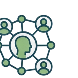Line drawing of a head silhouette linked by a network to surrounding figures.