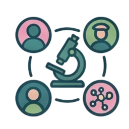 Line drawing of a microscope linked by lines to four small circular icons.