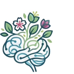 Line drawing of a brain with flowers and leaves sprouting from the top.