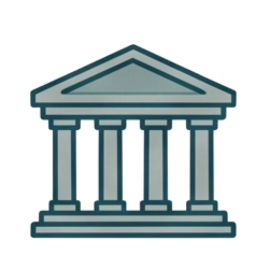 Line drawing of a classical building with a triangular pediment and four columns.