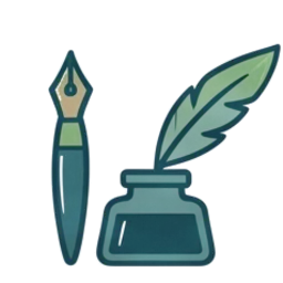 Line drawing of a fountain pen beside a quill feather standing in a small ink bottle.