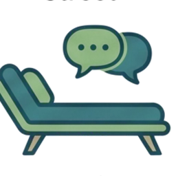 Line drawing of a couch with two speech bubbles above it.