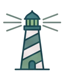 Line drawing of a lighthouse with beams of light radiating outward.